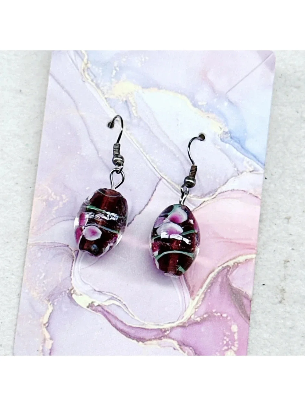 3016u. Purple Flower Earrings Glass